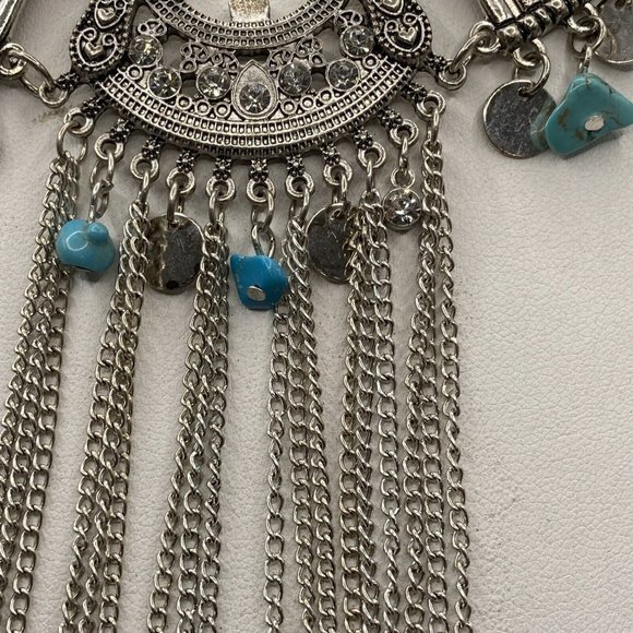 BOHO STYLE COLLAR BIB TURQUOISE CHIPS SILVER TONE 20" Tassel Drop Necklace - Picture 2 of 8